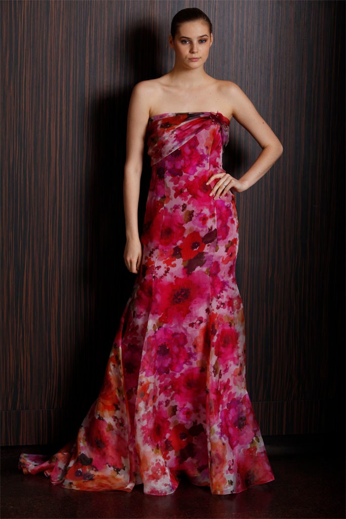 pink floral strapless gown