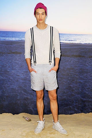 gray sweater with blue shorts