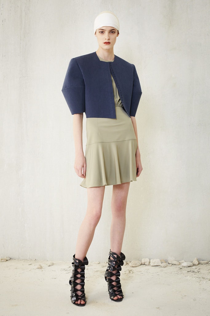 green mini dress with blue jacket