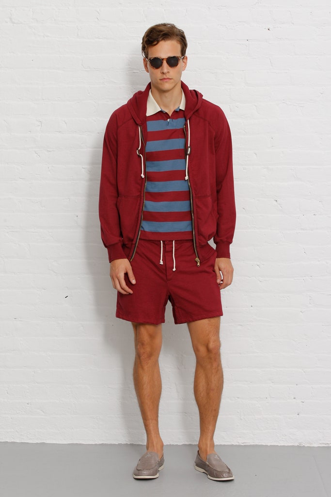 red hoodie with striped t-shirt