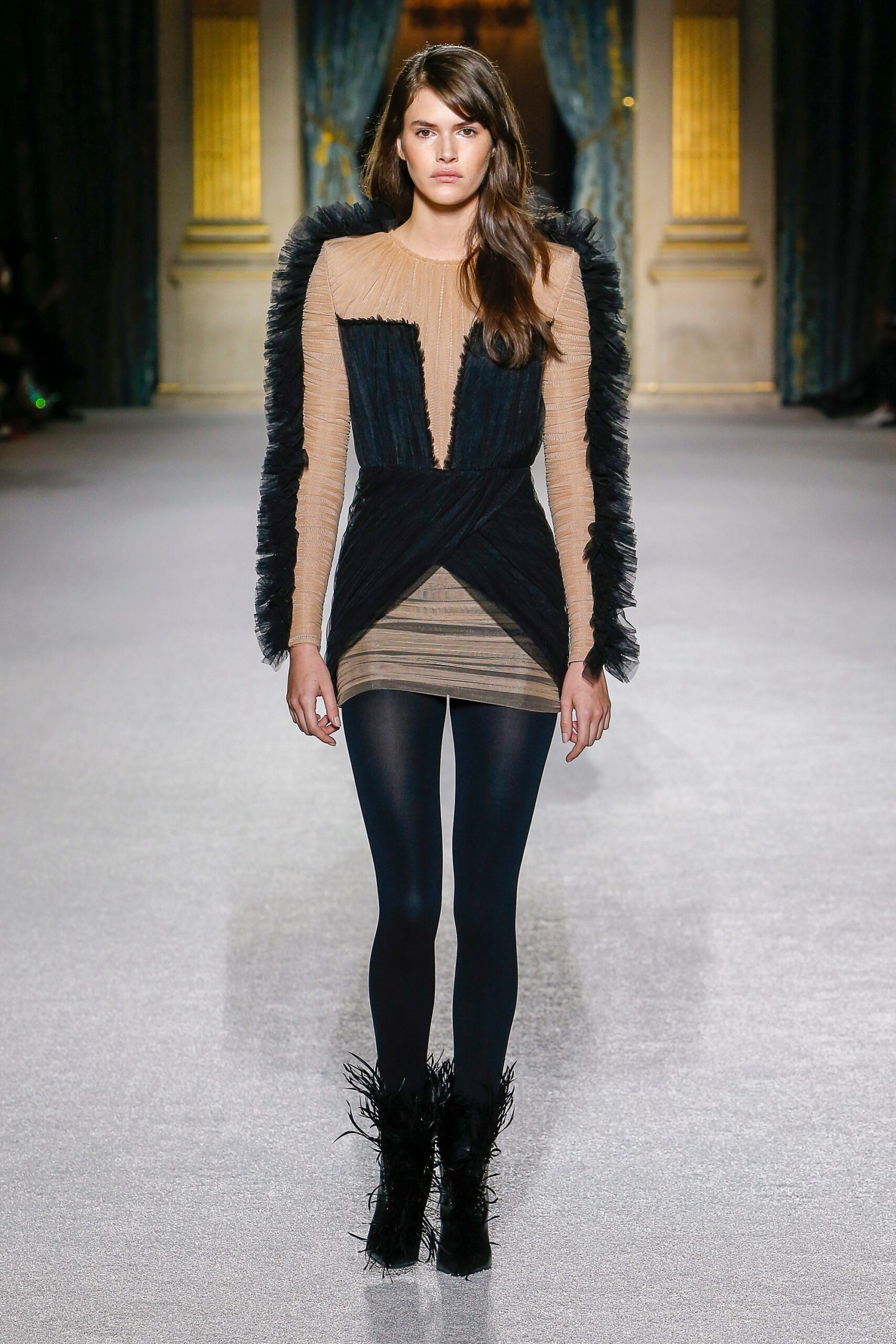 fitted black and beige ruffled dress