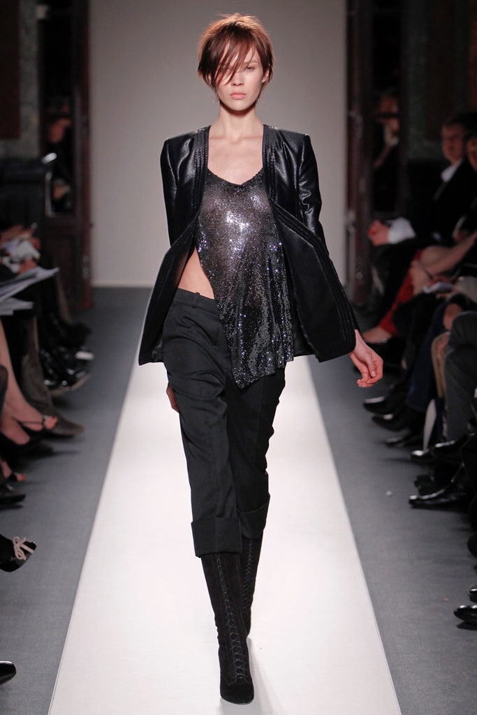 black sequined top with leather jacket