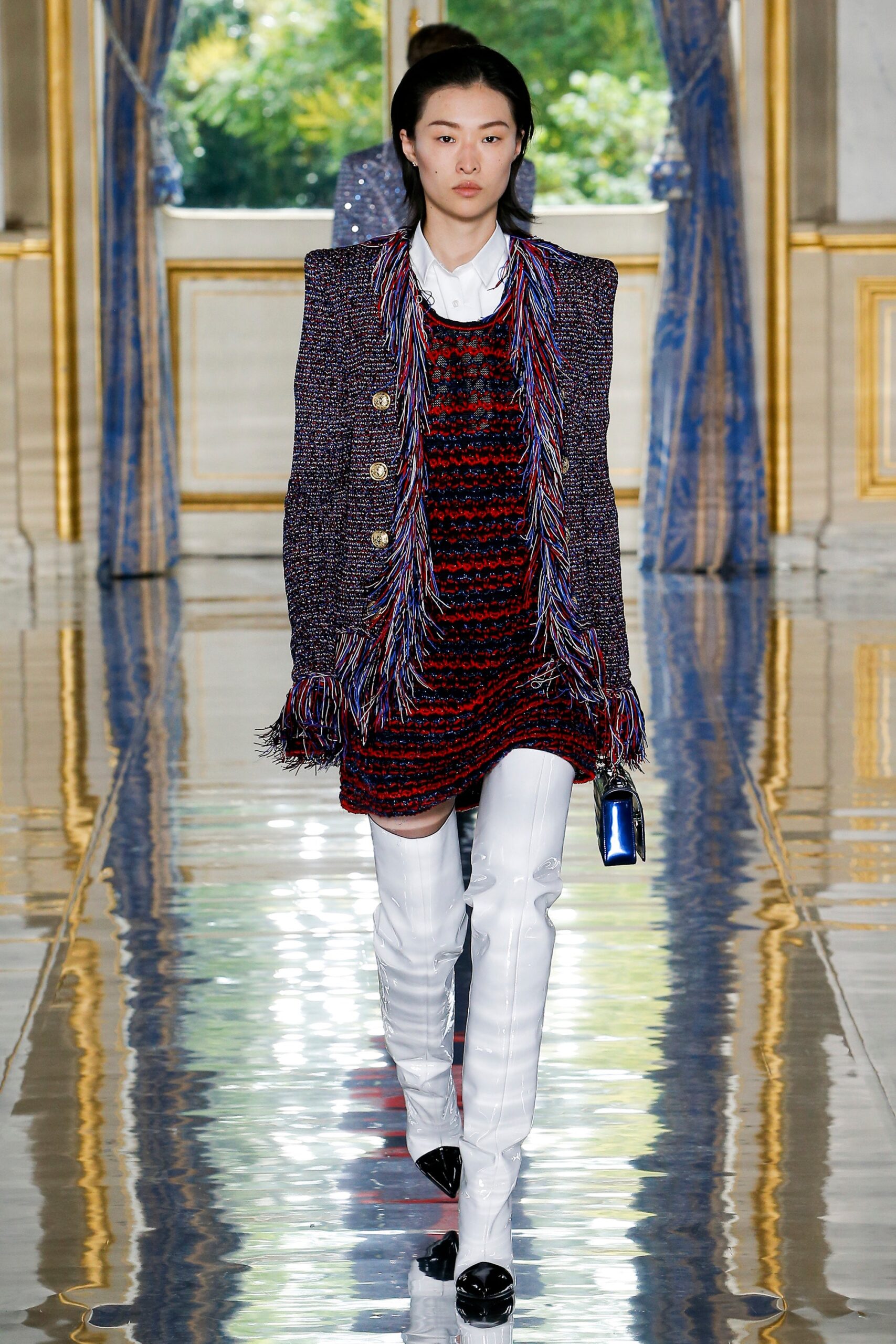 fitted mini dress with fringed coat