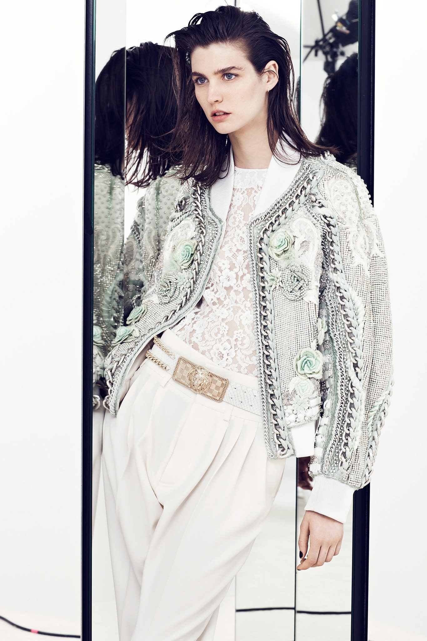 embroidered white jacket with lace top