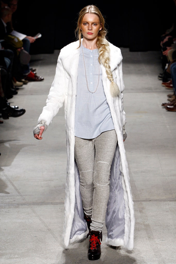 white faux-fur coat with blue shirt