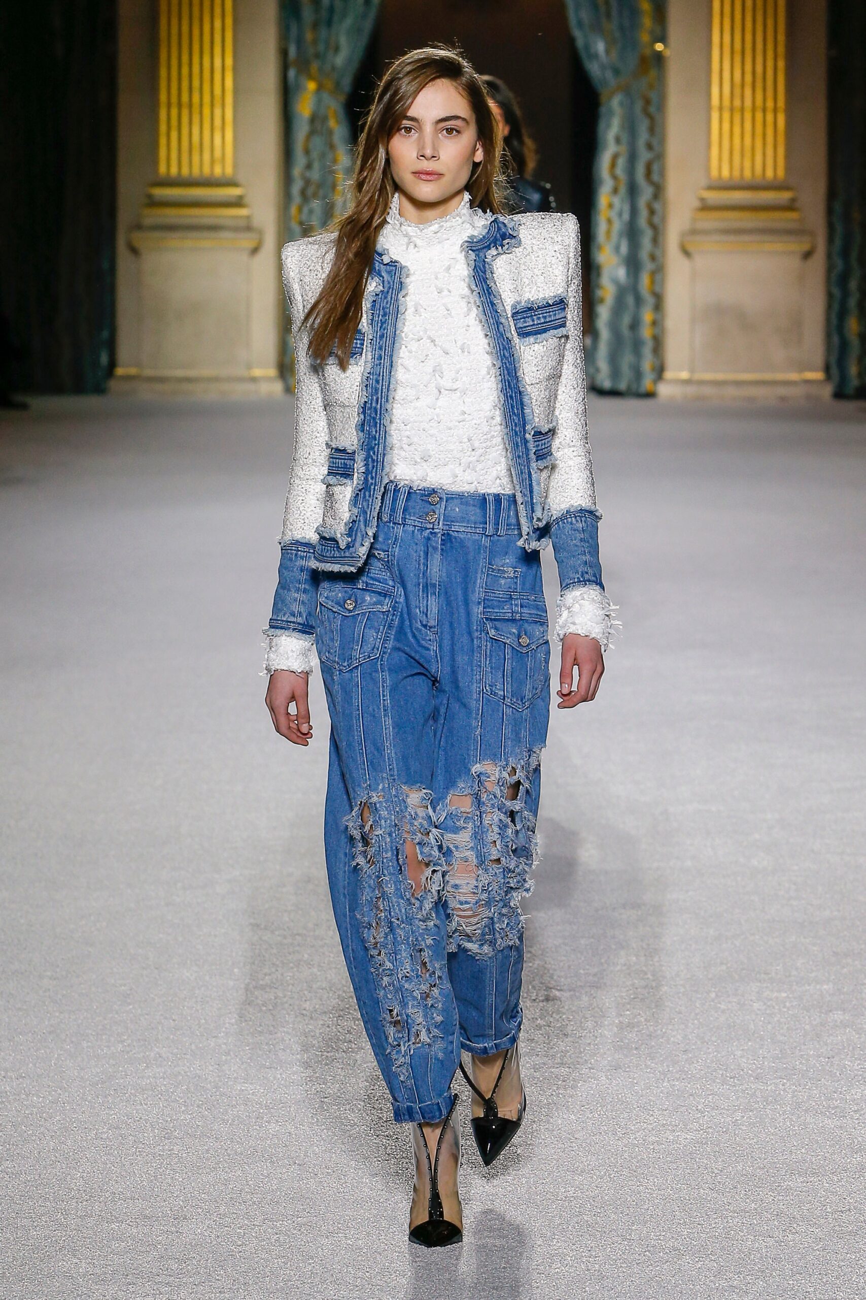 tailored denim jacket with ruffled shirt