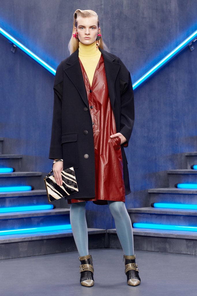 black coat red vinyl dress