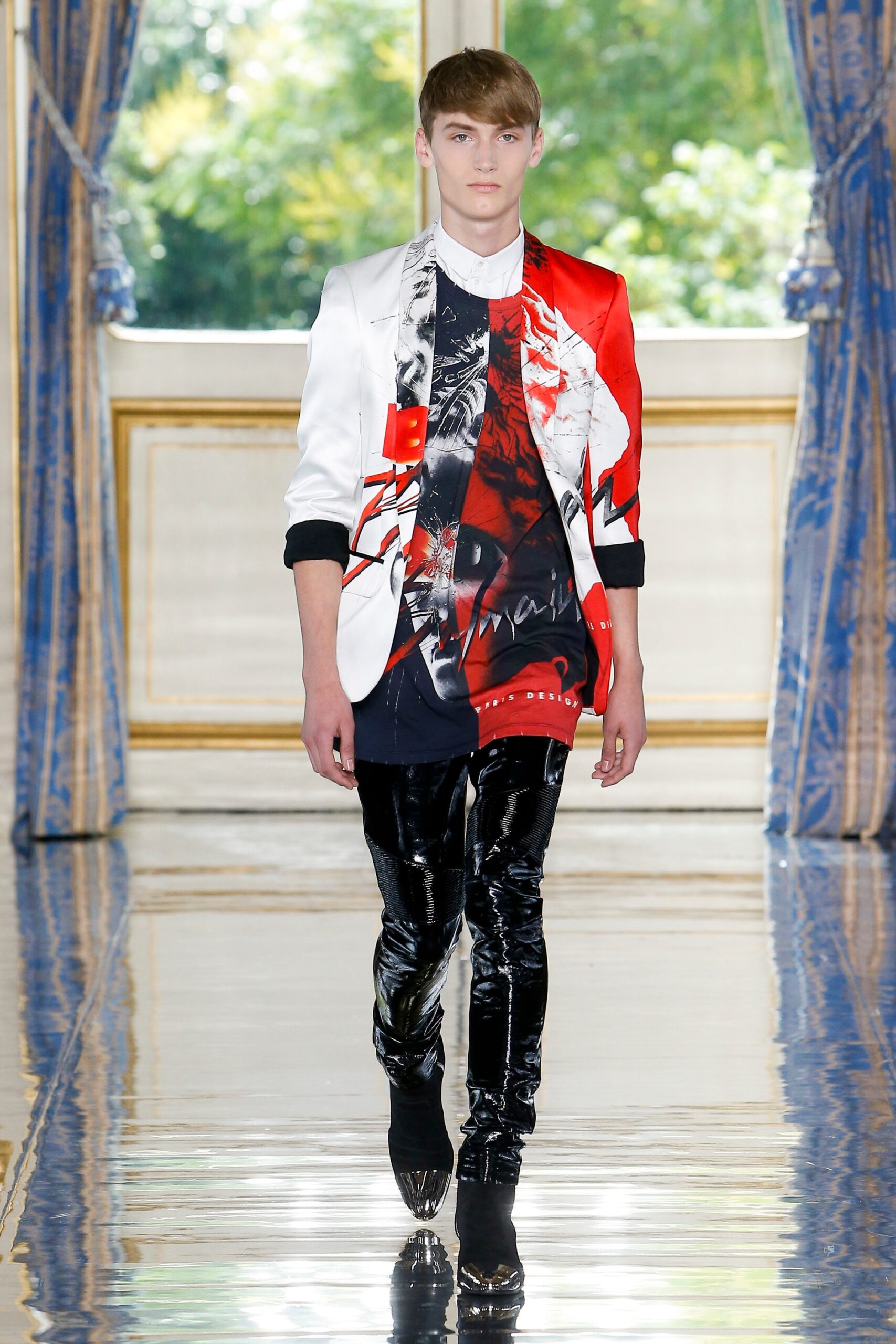 tailored white red blazer with black pants