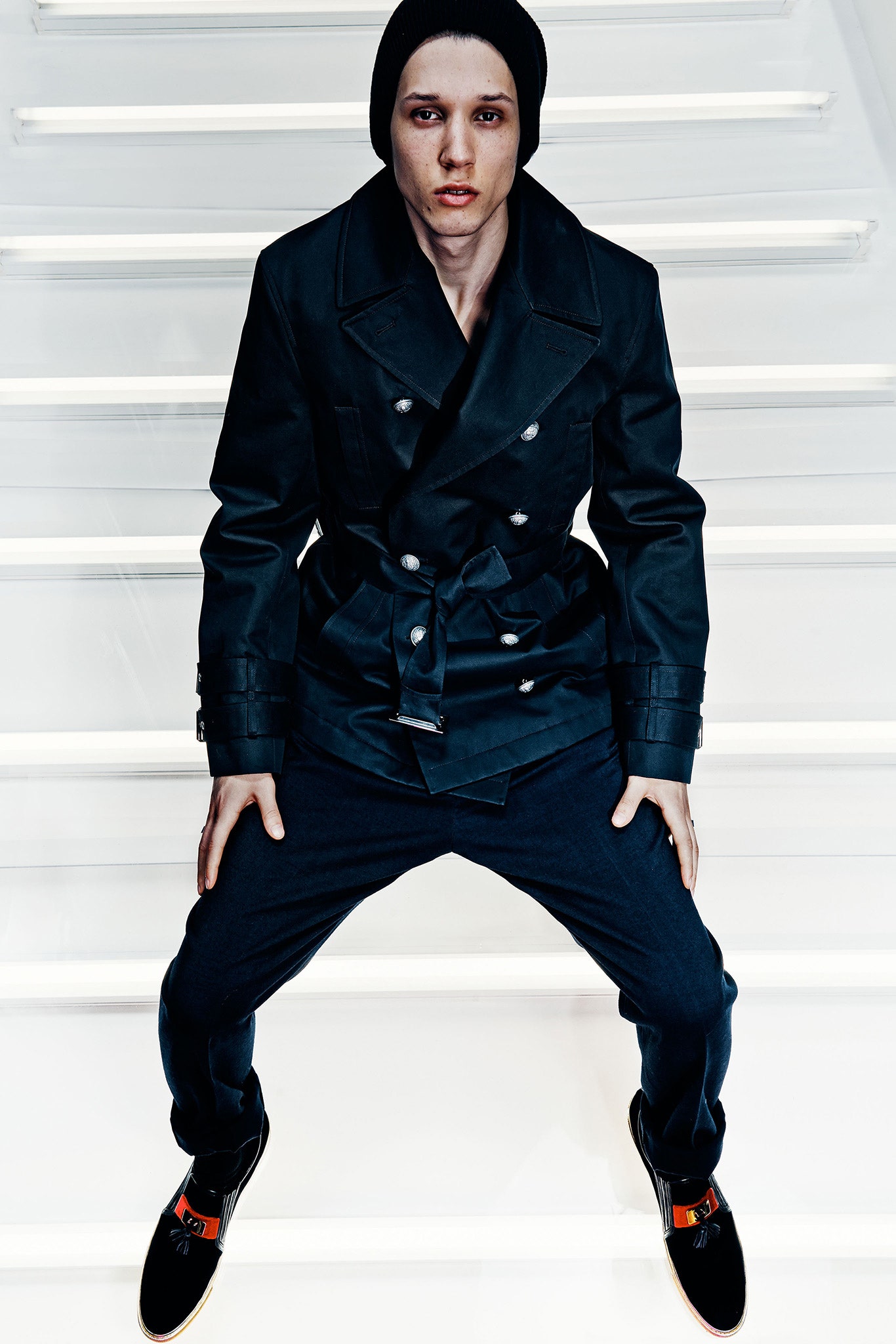 black vinyl double-breasted jacket