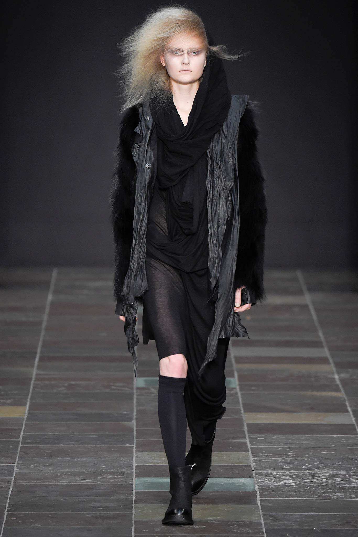 black leather long-sleeve collared relaxed draped coat