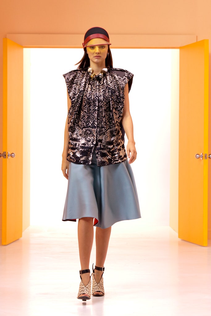 black sequin top with blue flared skirt