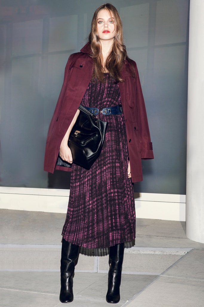purple pleated midi dress with burgundy coat