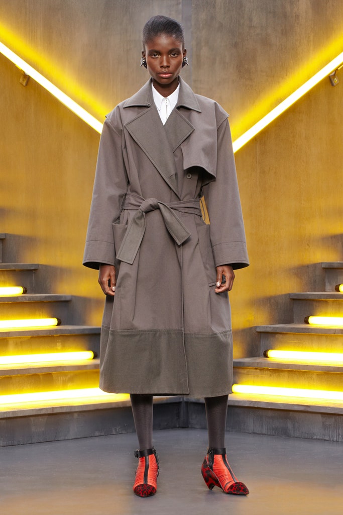 gray trench coat with white shirt