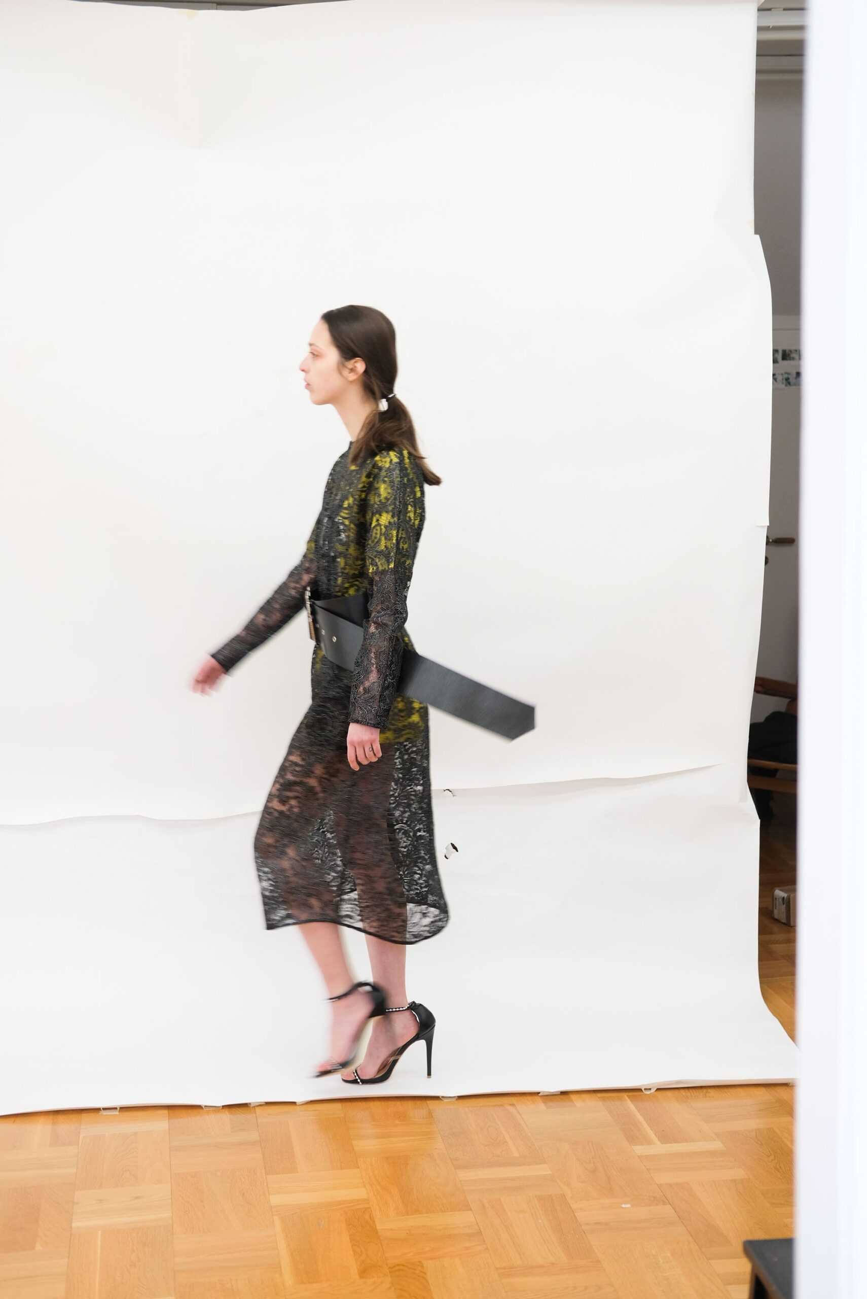 black lace midi dress with belt