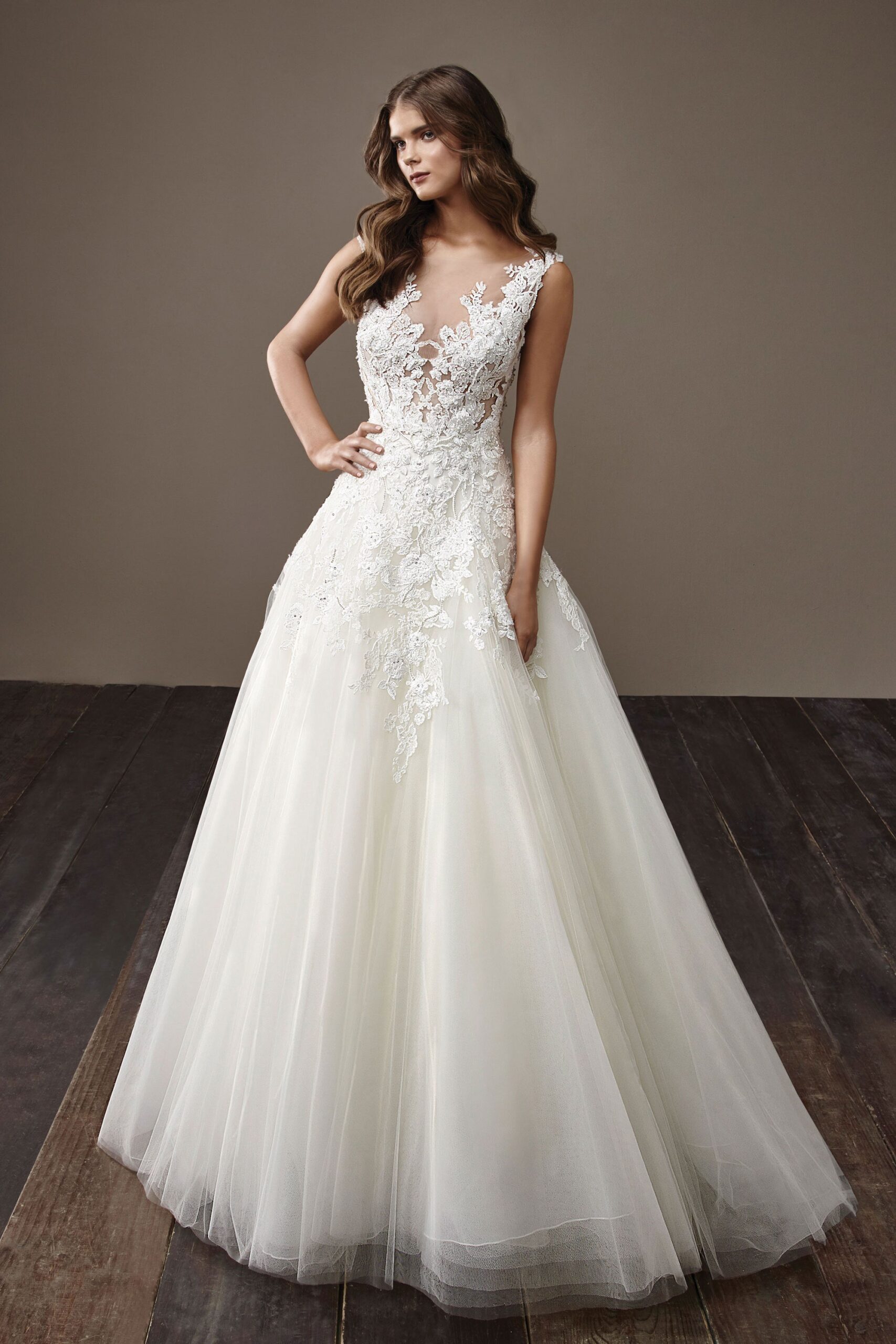ivory embroidered sleeveless gown