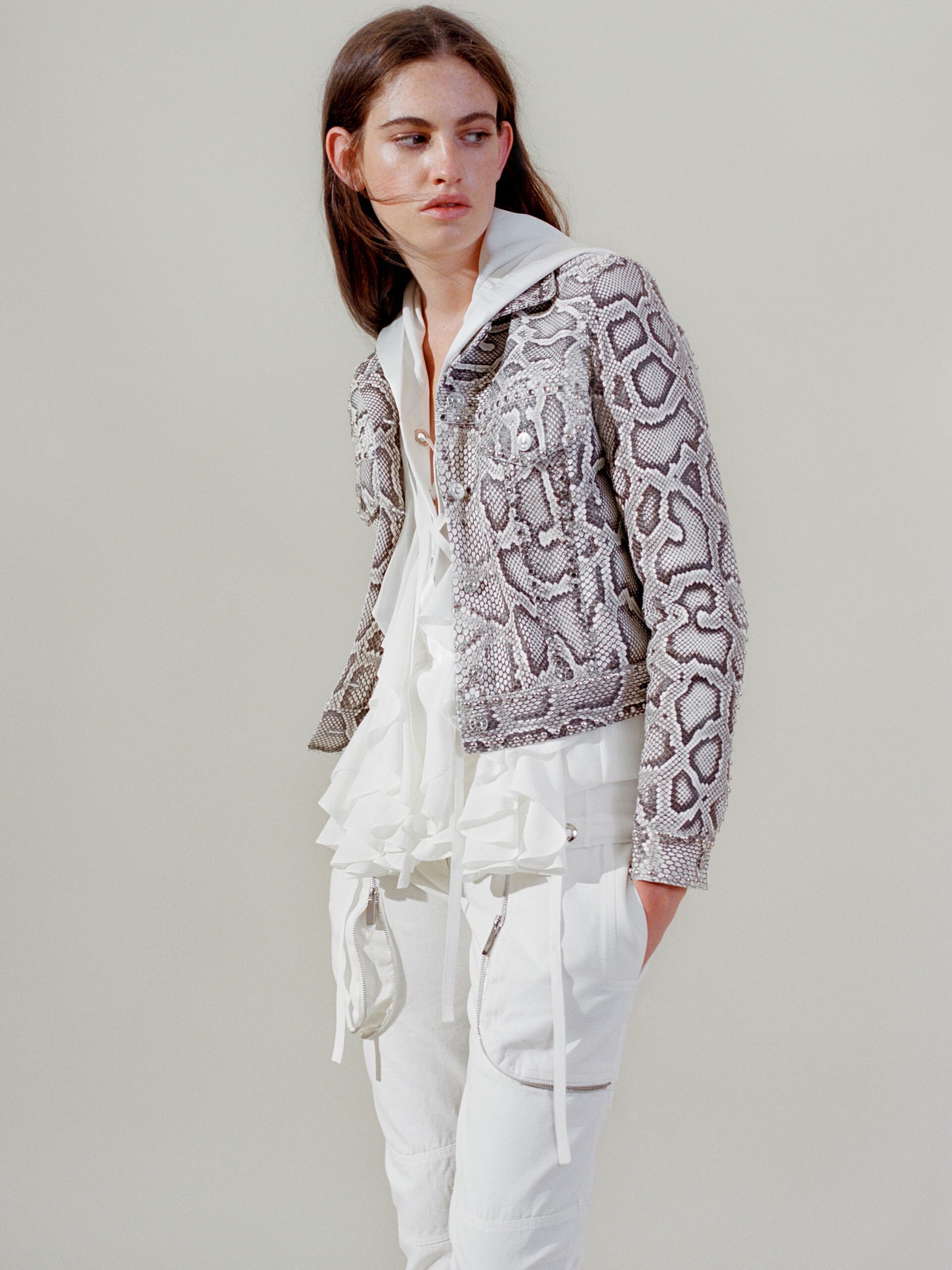 white cotton long-sleeve collared fitted zippered printed jacket