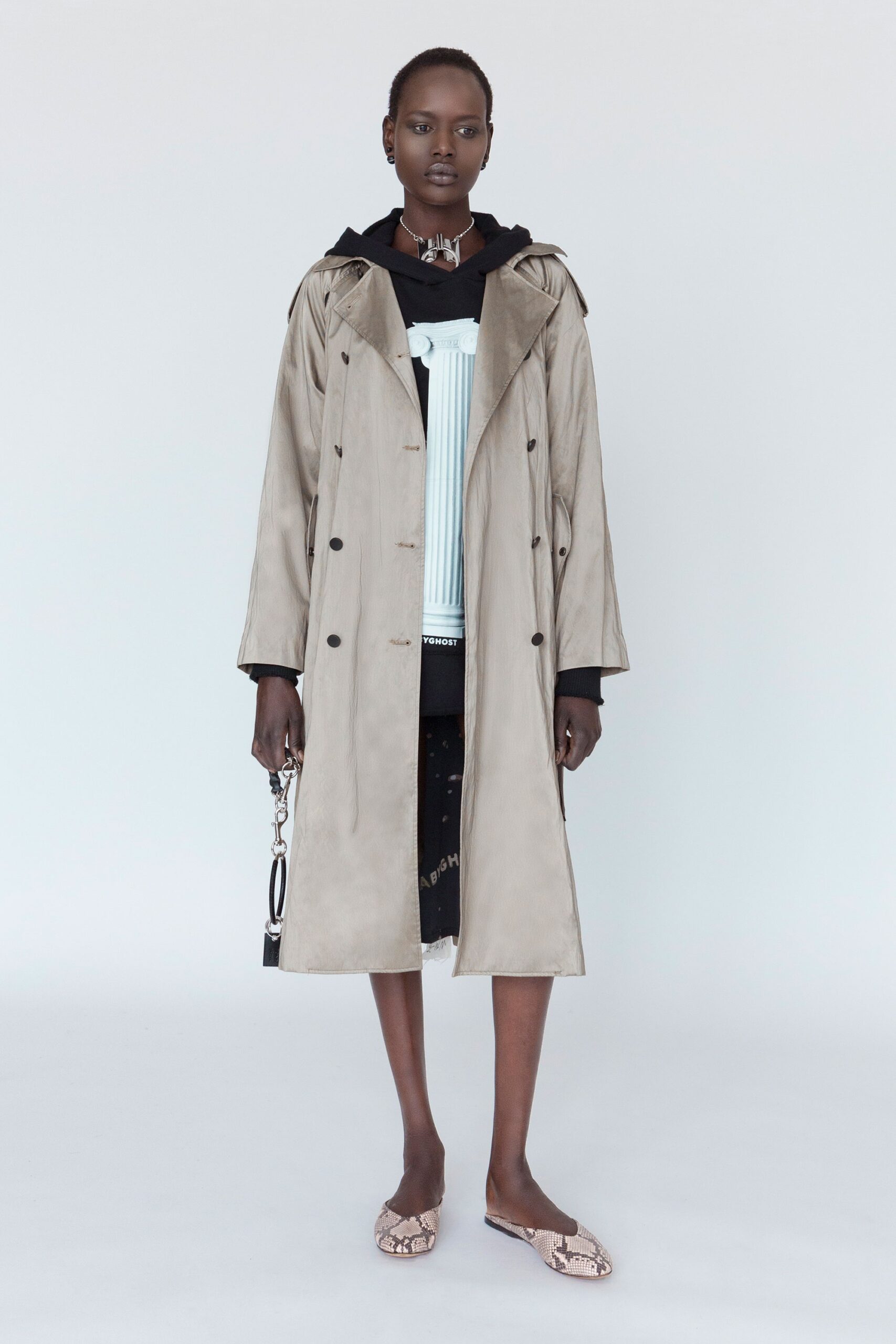 beige silk long-sleeve collared relaxed buttoned midi trench