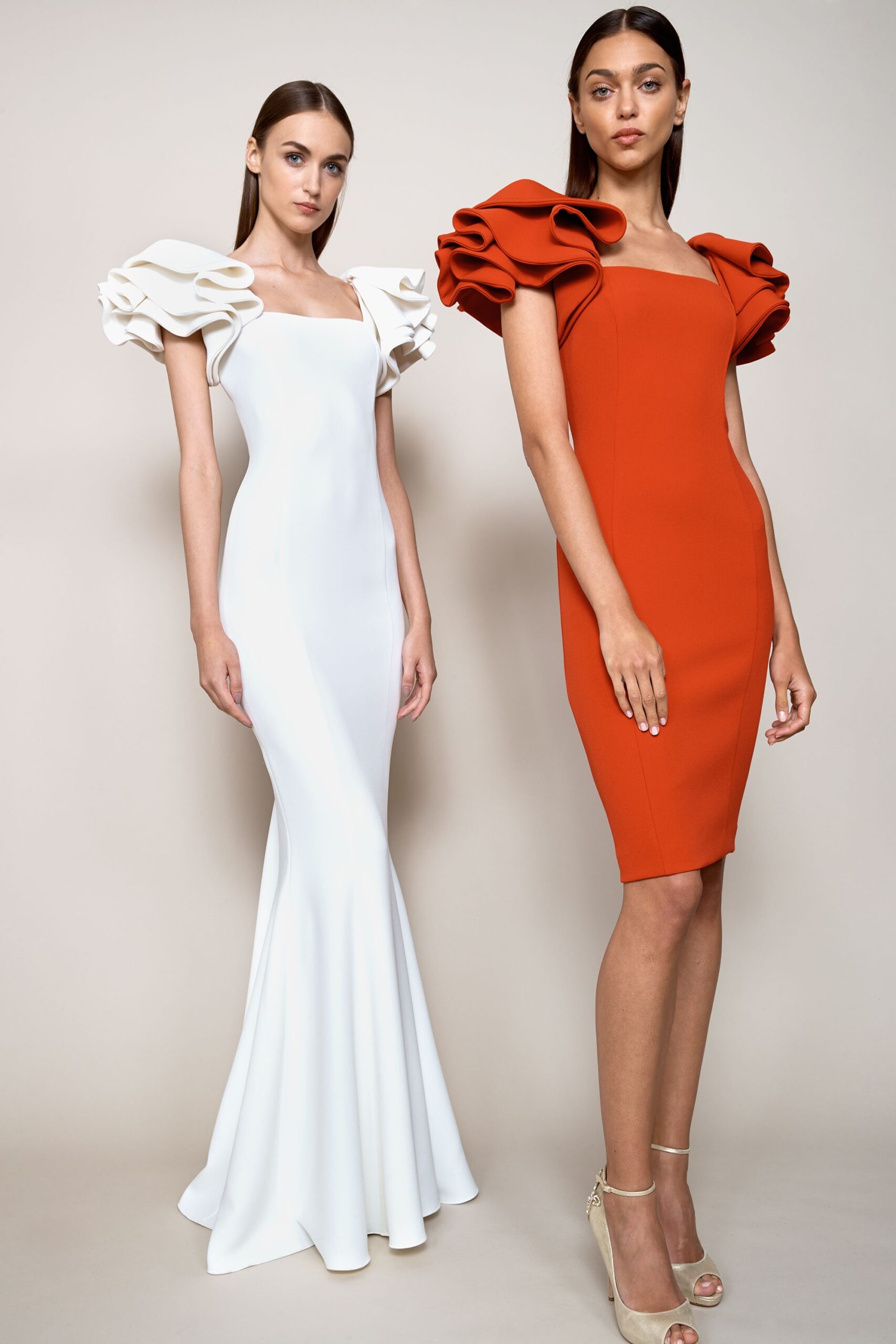 white silk gown and red dress
