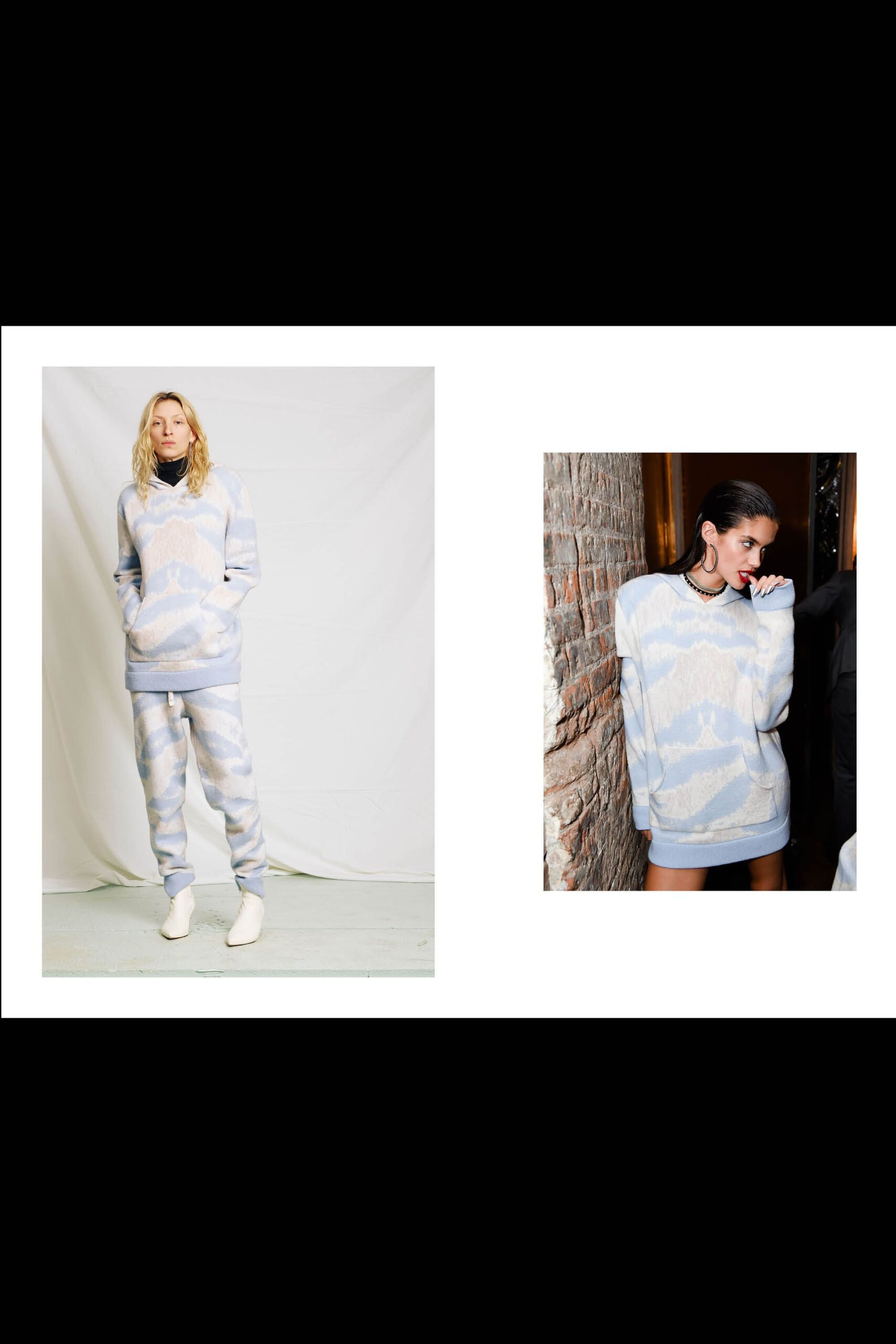 blue and white printed sweater and pants