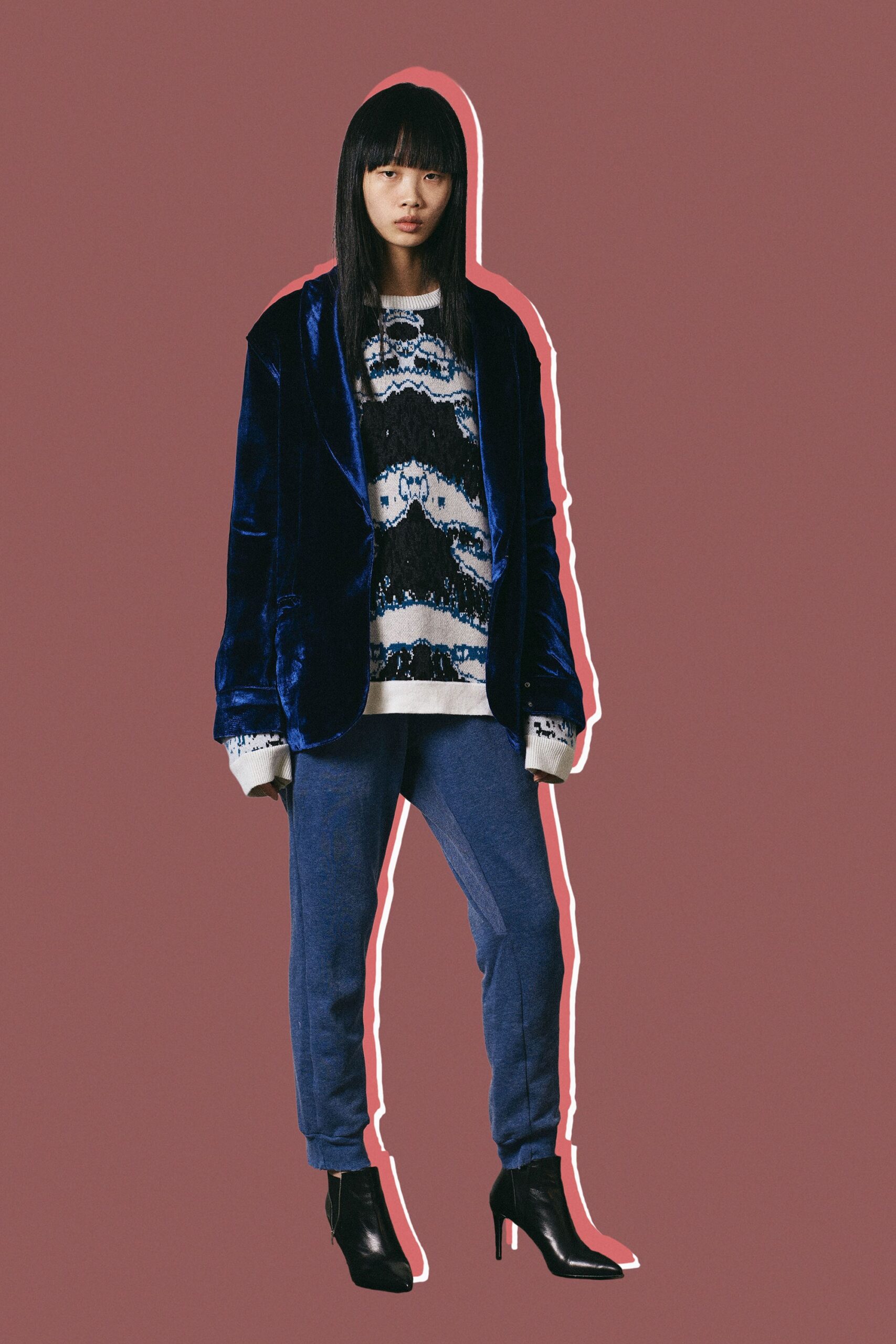 blue velvet blazer with printed sweater