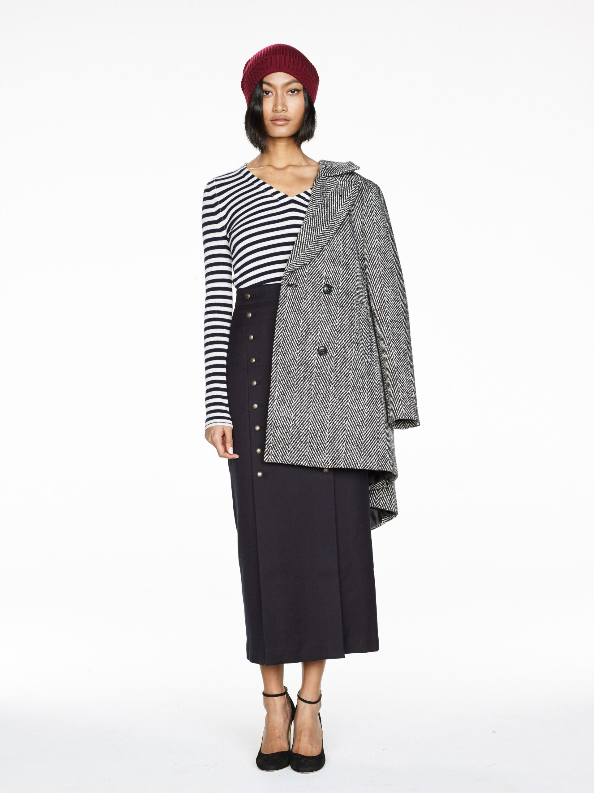 gray wool long-sleeve double-breasted structured buttoned midi coat