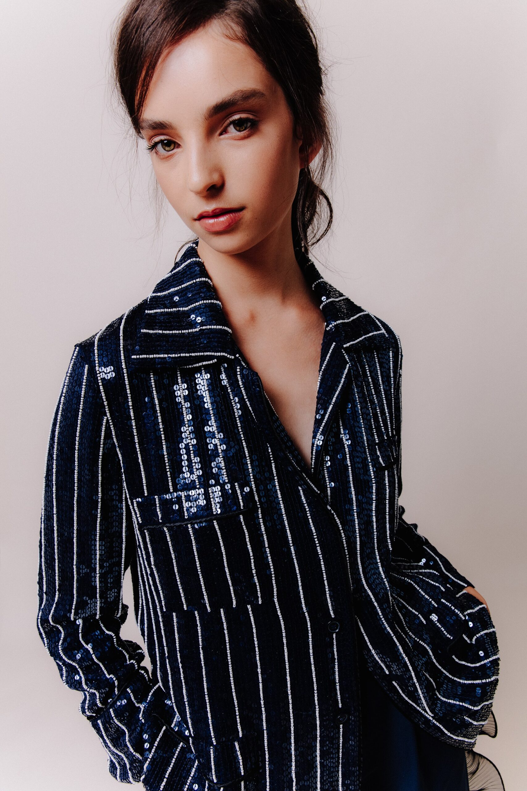 blue and white sequined blazer