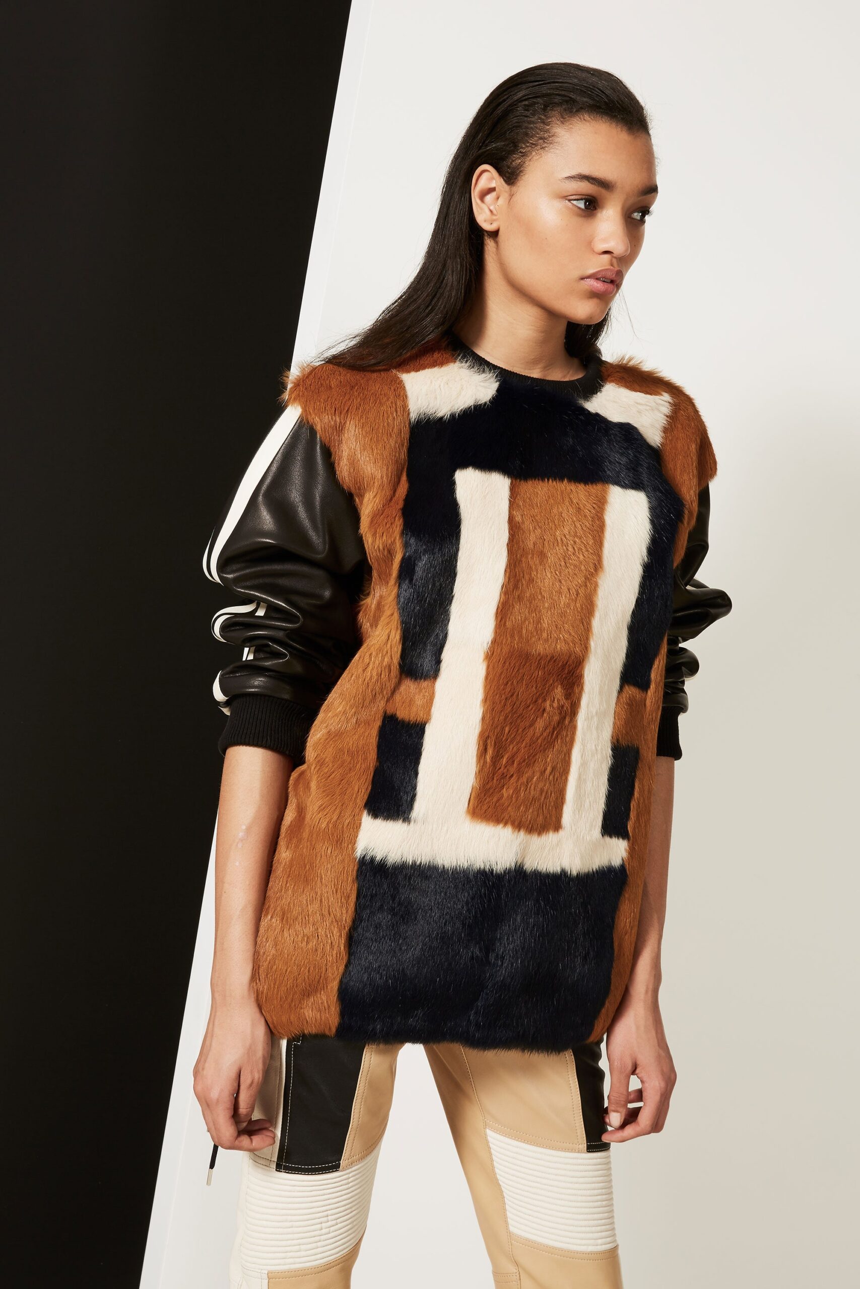 color-blocked fur sweater with fitted pants