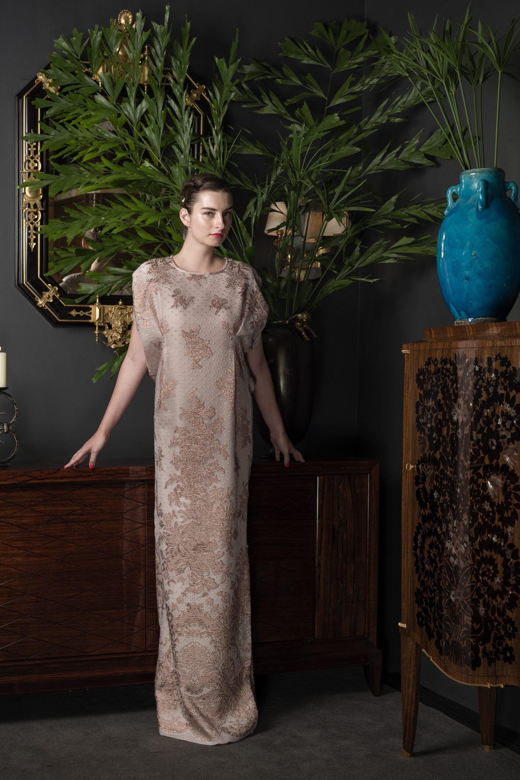 beige embroidered silk gown