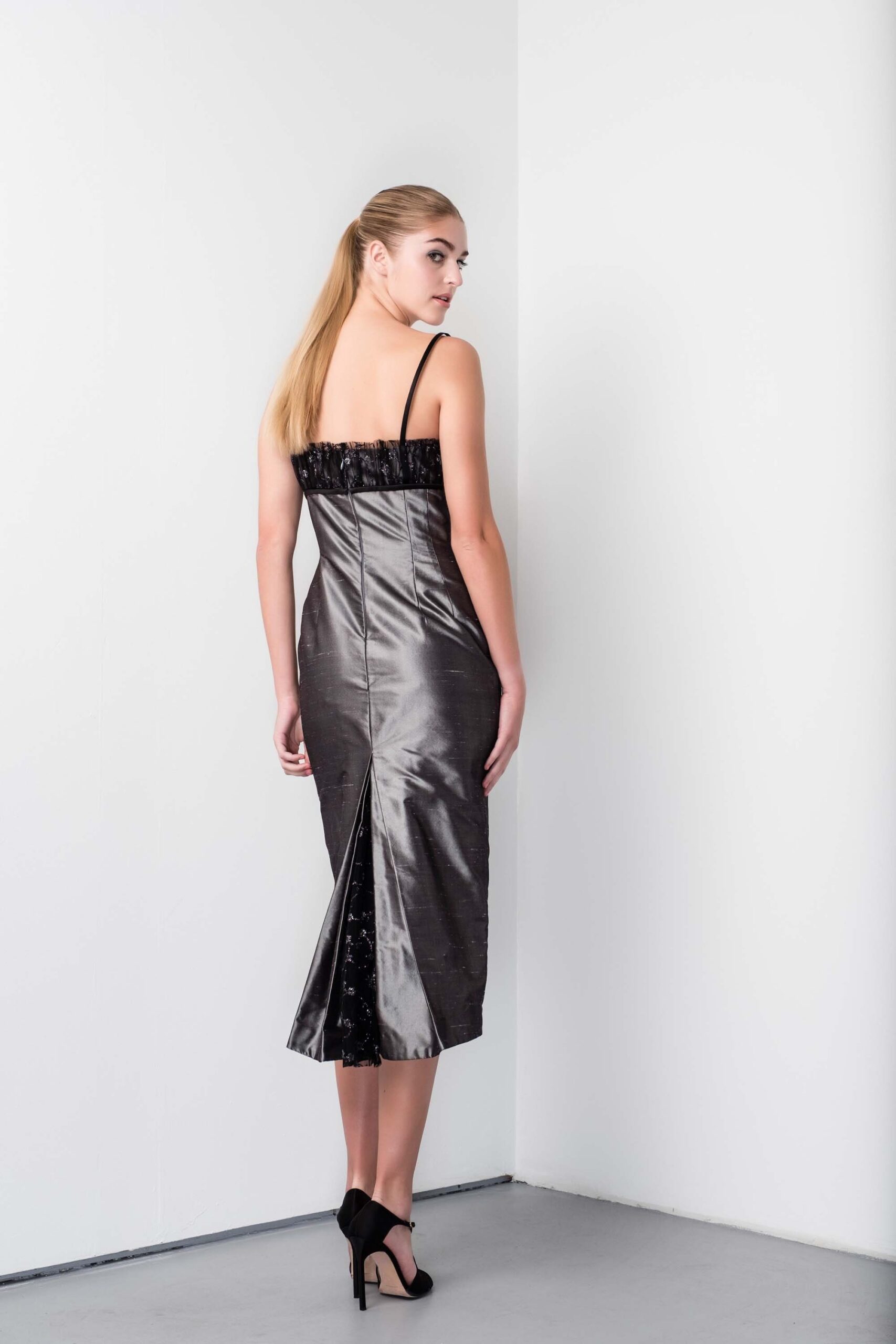 fitted gray silk midi dress