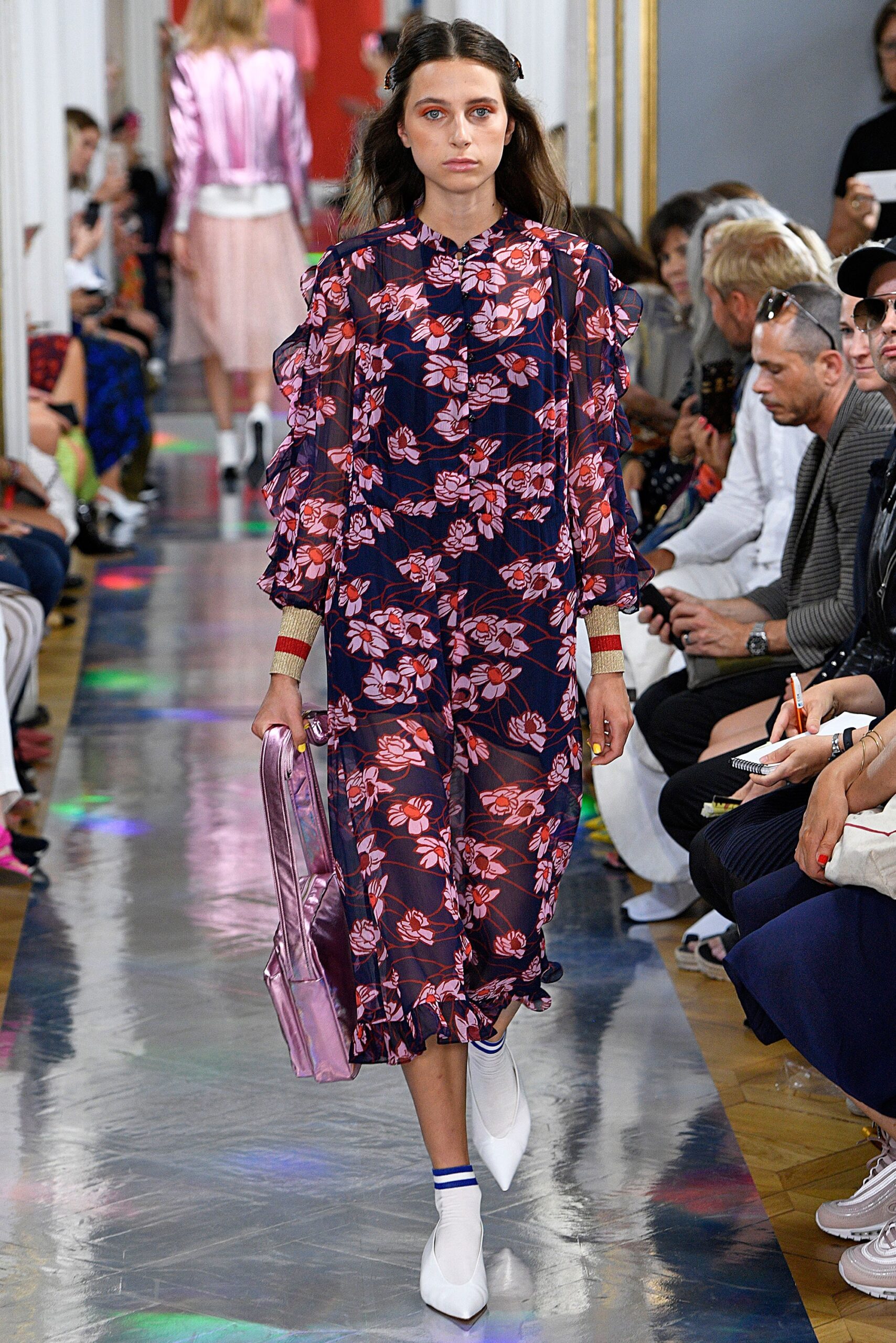 floral midi dress with pink bag