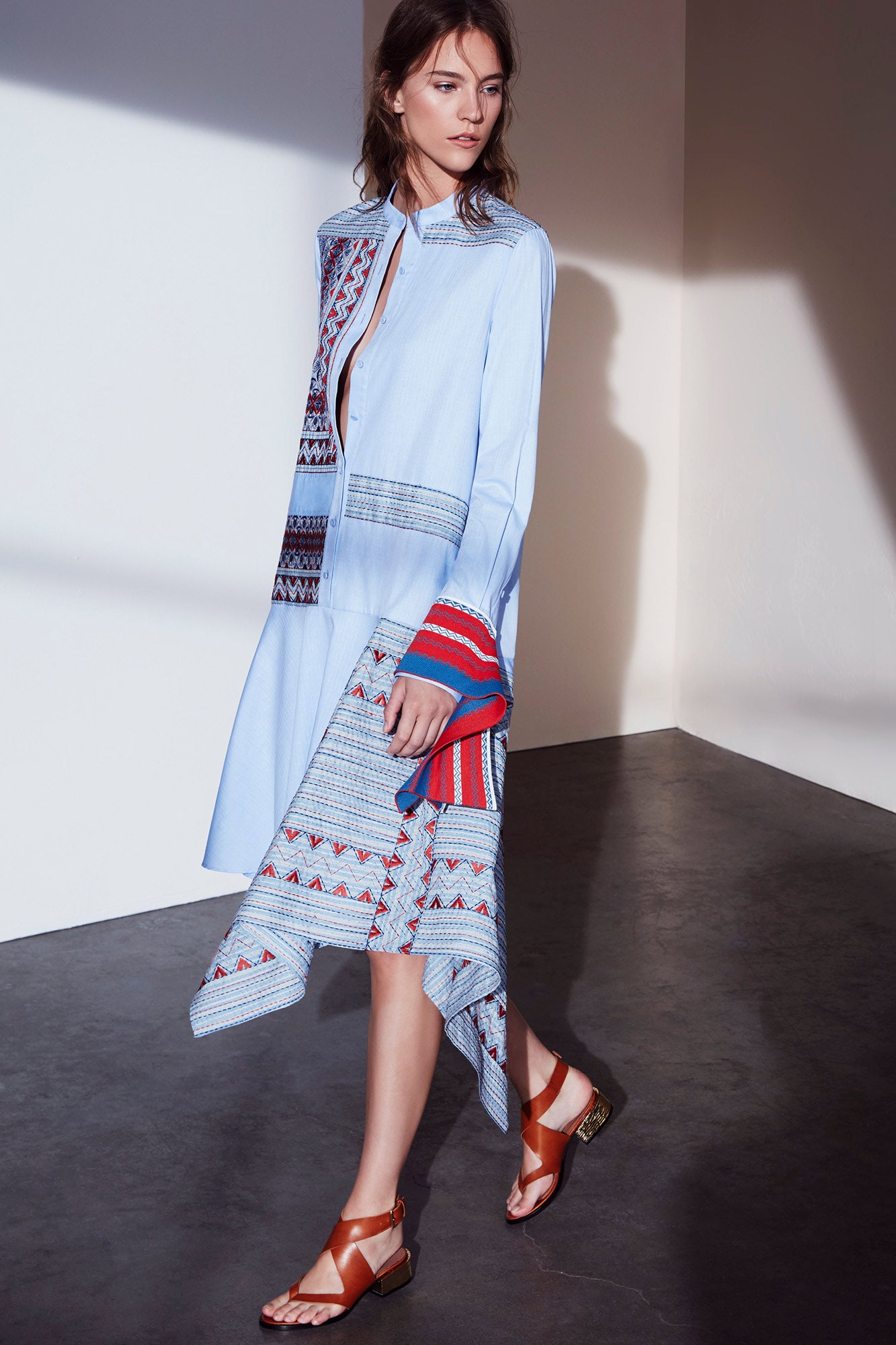 blue embroidered midi dress with sandals