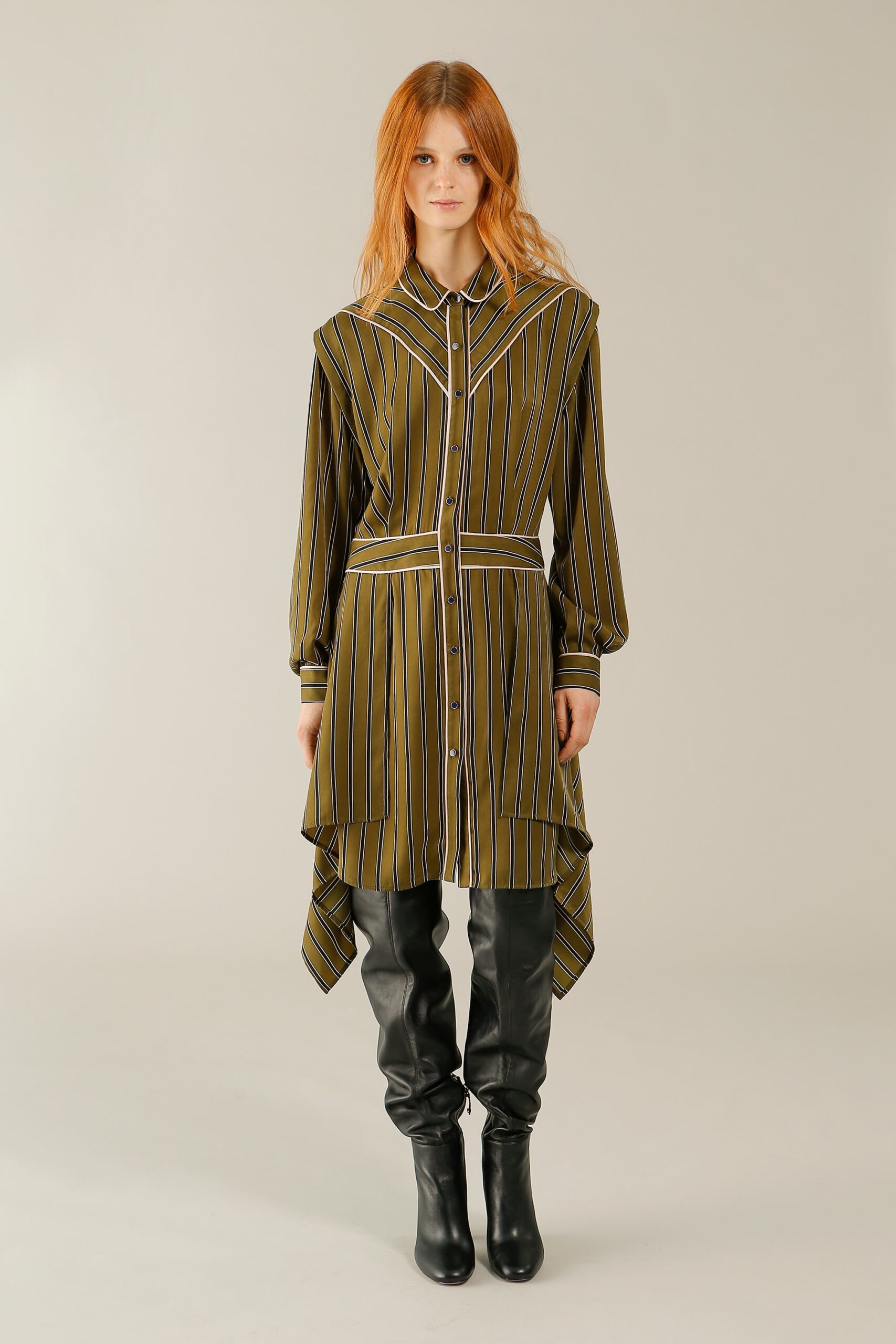 green striped shirt-dress with boots