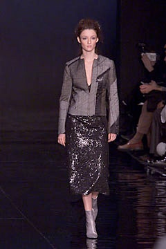 gray fitted jacket with black pencil skirt