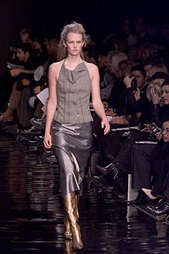 gray silk halterneck top with silver midi skirt