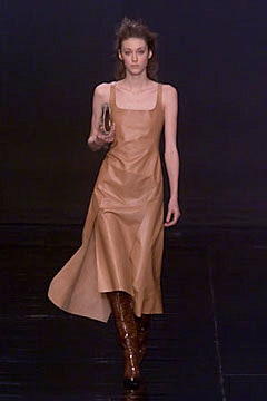 brown leather midi dress with boots