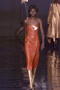 orange leather strapless midi dress