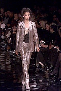 beige silk tailored suit with black top