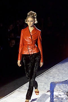 red leather fitted jacket with black velvet pants