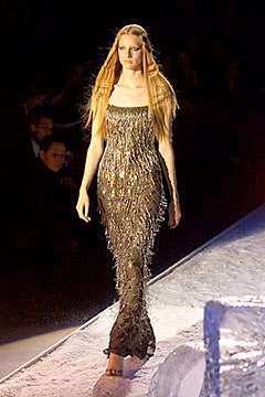 gold fringed sleeveless gown