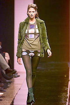 green faux-fur coat with printed top