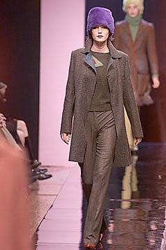 gray wool tailored coat with purple hat