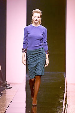 fitted purple top and green pencil skirt
