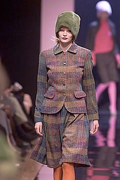 multi-colored tweed blazer and skirt