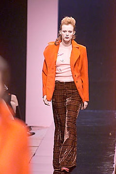 orange blazer pink top brown pants