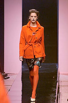 orange wool belted jacket with multi skirt