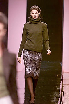 fitted green sweater and silver pencil skirt