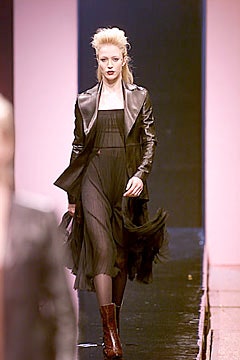 black silk midi dress with leather coat