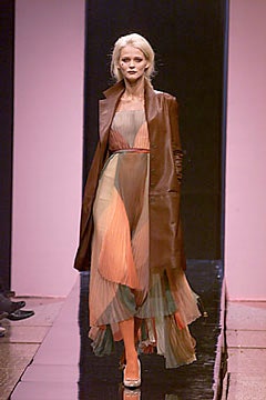 multi-colored silk midi dress with leather coat