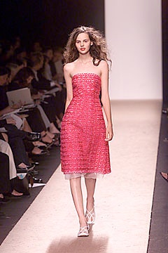 pink embroidered strapless dress