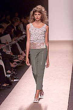 silver sequin top with tailored pants